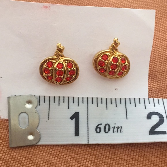 New Gold Pumpkin Earrings Orange Crystals - Picture 3 of 8